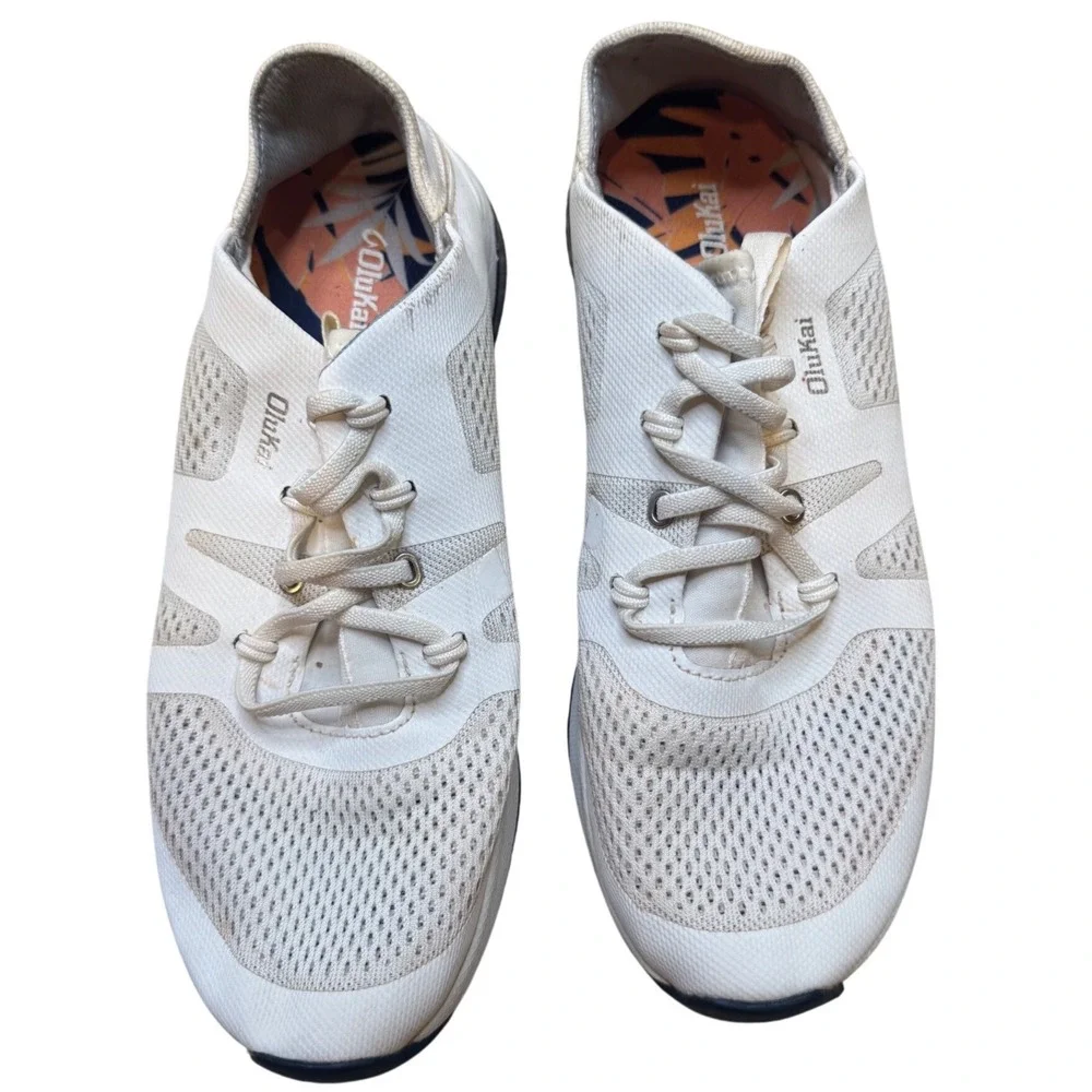 OluKai Hula Sneakers Womens Size 8 Cream Mesh Lace Up Comfort Walking Shoes
